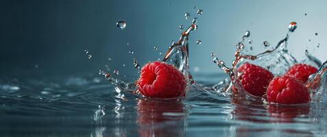Close-up of a red raspberry splashing into water. photo