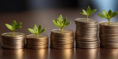 stacks of coins that are increasing, behind the stacks there are sprouts of different heights business concept, sales growth, money growth, economics, scientific article defocus,. photo