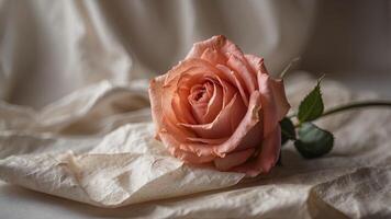 Beautiful solitary rose on paper with crumpled tissue, symbolizing the fragility and beauty of nature. photo