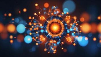 Abstract glowing atom with vibrant blue and orange colors, representing science, energy, and innovation. photo