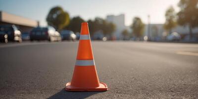 Traffic cone unused beside building in parking lot. photo