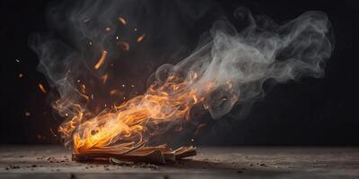 Burning paper surrounded by sparks and smoke, abstract concept. photo