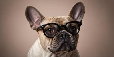 French bulldog dog with glasses on solid color background. photo