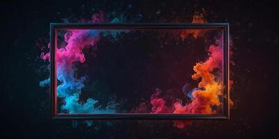 Neon frame with colorful smoke and bubbles, abstract futuristic background. photo
