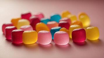 A line of colorful gummy candies on a pink surface with a yellow background. photo