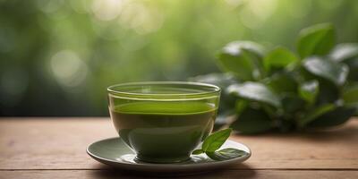A cup of matcha green tea on a wooden table with green leaves in the background. photo