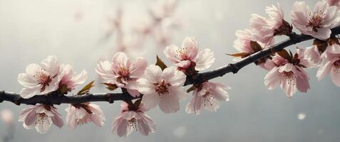 Minimalist frame with a single branch of cherry blossoms. photo