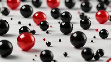 A close-up of shiny black and red spheres scattered on a white surface The spheres reflect light, creating a dynamic and abstract composition. photo