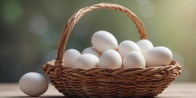 Basket holding white eggs with copy space image. photo