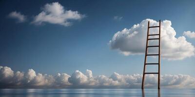 Ladder reaching a floating cloud on a blue gradient background. photo