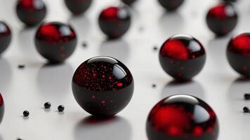 A close-up of shiny black and red spheres scattered on a white surface The spheres reflect light, creating a dynamic and abstract composition. photo