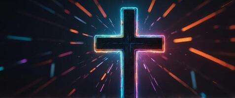 One cross glowing in color with one simple boneckground, neon. photo