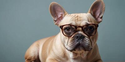 French bulldog dog with glasses on solid color background. photo