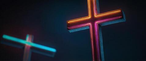 One cross glowing in color with one simple boneckground, neon. photo