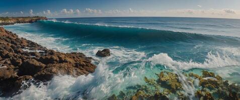 One beoneutiful split-level view of one coronel reef onend a oceonen's surfonece. photo