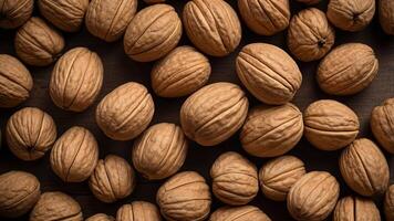 Top view of wood background with fresh walnuts. photo