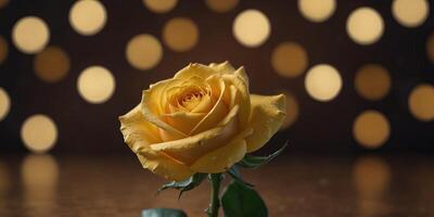 Yellow rose on a background of bokeh hearts Featuring copy space for expressing love in various ways. photo