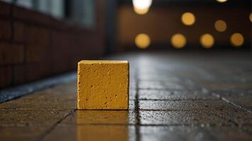 Selective focus on a yellow rectangular brick with a blurred background leading to a vanishing point serving as a product background with copy space image. photo