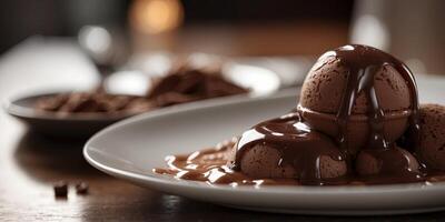 Chocolate ice cream with syrup on plate on dining table with copy space image. photo