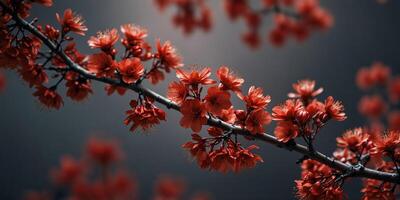Red Blossoming Branches on Gradient Background. photo