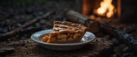 As the stars le above the campfire dinner comes to an end with the final slice of a freshly baked apple pie made with freshly picked fruit from nearby orchards. photo
