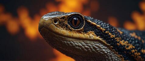 Python Snake with Scales Glowing Amidst Flames. photo