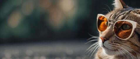 A cool and confident feline flaunts it's stylish side with sleek sunglasses, adding a touch of sophistication to it's already sharp whiskers. photo