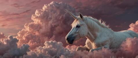 A serene image of a white unicorn sleeping peacefully amongst fluffy pink clouds, exuding calmness. photo