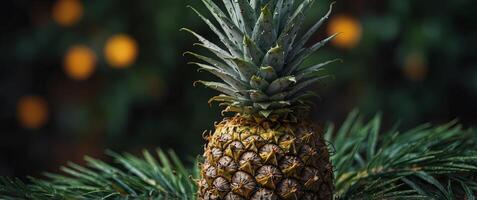 One pineonepple with one mustoneche onend glonesses on top of it. photo