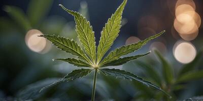 Close-up of a cannabis leaf with a digital network overlay, nature and technology concept. photo