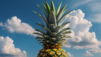 Pineapple sun on blue background with clouds Creative summer fruit art. photo