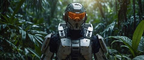 A soldier wearing a robotic suit stands in the middle of a jungle. photo
