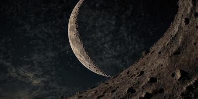 Visible craters on crescent moon with empty space on side. photo