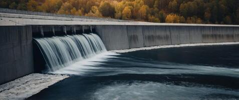 A concrete dam with water flowing over it. photo
