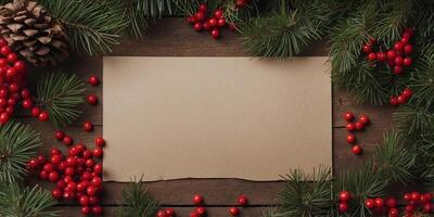 Christmas themed flat lay composition featuring a decorative frame of fir branches red beads and a paper notice sheet with copy space image from a top down perspective. photo