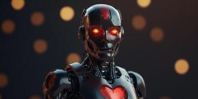 Robot With Heart Emblem on Its Chest, Symbol of Love and Technology Unity. photo