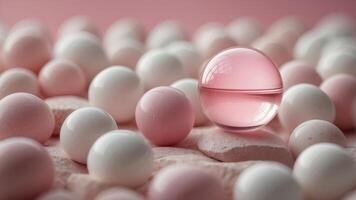 Abstract geometric shapes in pink and white tones a white sphere sits on top of pink and white geometric shapes, creating a minimalist and modern design. photo