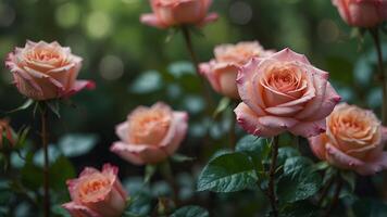 Pink roses beautifully displayed with a soft green blurred bokeh background ideal for a copy space image. photo