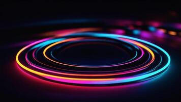 abstract neon circle light background Beautiful colorful circle light effect of neon glow lights and black background. photo
