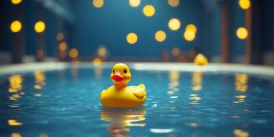 Yellow rubber duck floating in a bright blue pool Captures a playful summer atmosphere. photo