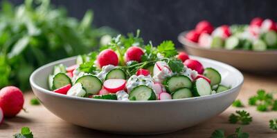 Radish and cucumber salad with sour cream or yogurt dressing. photo