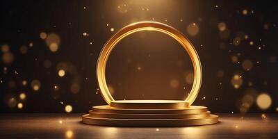 a podium in the shape of a golden circle, illuminated with dazzling light effects. photo