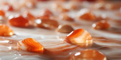 Close-up view of layered orange and white agate stone. photo