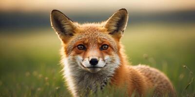 A tight shot of a fox's face, with grass in the foreground and a soft, indistinct sky in the background. photo