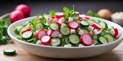 Radish and cucumber salad with sour cream or yogurt dressing. photo