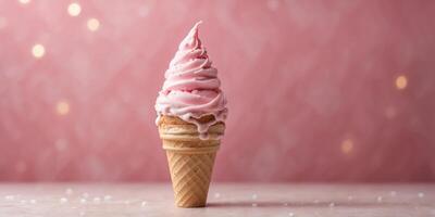 A pink background hosts an ice cream cone topped with white icing In the cone's center, a pink dot resides. photo