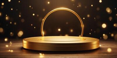 a podium in the shape of a golden circle, illuminated with dazzling light effects. photo