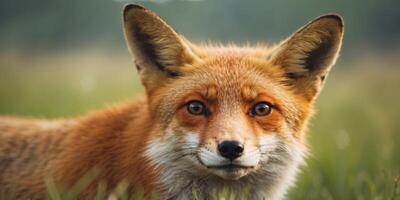 A tight shot of a fox's face, with grass in the foreground and a soft, indistinct sky in the background. photo