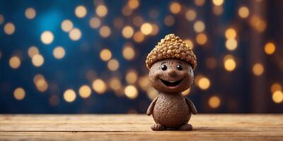 Smiling cute Truffle character on a wooden surface with a festive bokeh background. photo