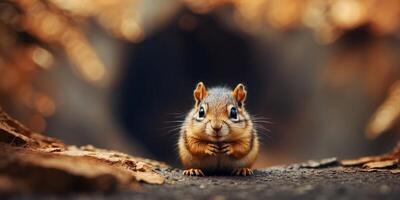 cute chipmunk coming through crack hole in solid color background with copy space. photo